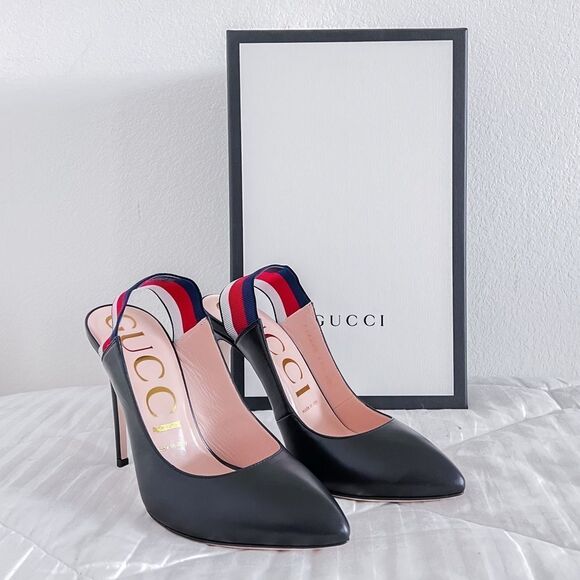 Gucci NEW Women's Sylvie Web Slingback Black Leather 524645 Heel‎ Stretchy Strap - Picture 1 of 9